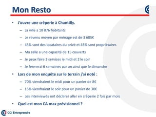 Mon Resto
• J’ouvre une crêperie à Chantilly.
– La ville a 10 876 habitants
– Le revenu moyen par ménage est de 3 685€
– 43% sont des locataires du privé et 43% sont propriétaires
– Ma salle a une capacité de 15 couverts
– Je peux faire 3 services le midi et 2 le soir
– Je fermerai 6 semaines par an ainsi que le dimanche
• Lors de mon enquête sur le terrain j’ai noté :
– 70% viendraient le midi pour un panier de 8€
– 15% viendraient le soir pour un panier de 30€
– Les interviewés ont déclarer aller en crêperie 2 fois par mois
• Quel est mon CA max prévisionnel ?
 