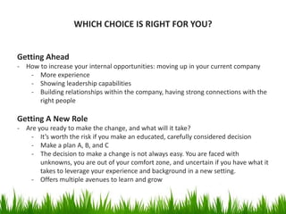 WHICH CHOICE IS RIGHT FOR YOU?
Getting Ahead
- How to increase your internal opportunities: moving up in your current comp...