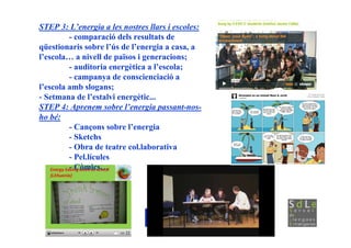 STEP 3: L’energia a les nostres llars i escoles:
         - comparació dels resultats de
qüestionaris sobre l’ús de l’energia a casa, a
l’escola… a nivell de països i generacions;
         - auditoria energètica a l’escola;
         - campanya de conscienciació a
l’escola amb slogans;
- Setmana de l’estalvi energètic...
STEP 4: Aprenem sobre l’energia passant-nos-
ho bé:
         - Cançons sobre l’energia
         - Sketchs
         - Obra de teatre col.laborativa
         - Pel.lícules
         - Còmics…
 