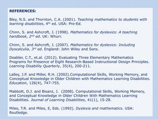 REFERENCES:
Bley, N.S. and Thornton, C.A. (2001). Teaching mathematics to students with
learning disabilities, 4th ed. USA: Pro-Ed.
Chinn, S. and Ashcroft, J. (1998). Mathematics for dyslexics: A teaching
handbook, 2nd ed. UK: Whurr.
Chinn, S. and Ashcroft, J. (2007). Mathematics for dyslexics: Including
Dyscalculia, 3rd ed. England: John Wiley and Sons.
Doabler, C.T., et.al. (2012). Evaluating Three Elementary Mathematics
Programs for Presence of Eight Research-Based Instructional Design Principles.
Learning Disability Quarterly, 35(4), 200-211.
Lalley, J.P. and Miller, R.H. (2002).Computational Skills, Working Memory, and
Conceptual Knowledge in Older Children with Mathematics Learning Disabilities.
Education, 126(4), 747-755.
Mabbott, D.J. and Bisanz, J. (2008). Computational Skills, Working Memory,
and Conceptual Knowledge in Older Children With Mathematics Learning
Disabilities. Journal of Learning Disabilities, 41(1), 15-28.
Miles, T.R. and Miles, E, Eds. (1992). Dyslexia and mathematics. USA:
Routledge.
 