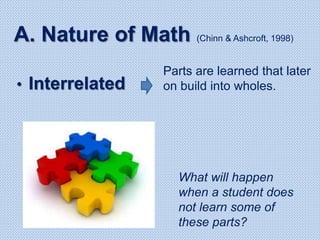 A. Nature of Math (Chinn & Ashcroft, 1998)
• Interrelated
Parts are learned that later
on build into wholes.
What will happen
when a student does
not learn some of
these parts?
 