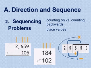 A. Direction and Sequence
2. Sequencing
Problems
counting on vs. counting
backwards,
place values
 