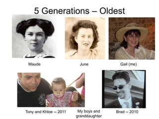 Maude Gail (me)
Tony and Khloe -- 2011 Brad -- 2010
June
5 Generations – Oldest
My boys and
granddaughter
 