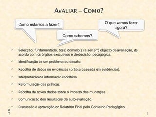 Selecção, fundamentada, do(s) domínio(s) a ser(em) objecto de avaliação, de acordo com os órgãos executivos e de decisão  pedagógica. Identificação de um problema ou desafio. Recolha de dados ou evidências (prática baseada em evidências). Interpretação da informação recolhida. Reformulação das práticas. Recolha de novos dados sobre o impacto das mudanças. Comunicação dos resultados da auto-avaliação. Discussão e aprovação do Relatório Final pelo Conselho Pedagógico. AT O que  vamos fazer  agora? Como  estamos a fazer ? Como  sabemos ? 
