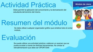 Actividad Práctica
Resumen del módulo
Evaluación
Debe permitir la aplicación del conocimiento y la demostración del
estudiante del dominio del mismo.
Se debe utilizar cualquier organizador gráfico que sintetice todo el contenido del
módulo.
Se puede utilizar una actividad práctica o elaborar un examen que se
pueda acceder a través de distintas herramientas. No olvidar la
retroalimentación que debe ser OPORTUNA
 