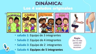 DINÁMICA:
Los 4 saludos originales
• saludo 1: Equipo de 3 integrantes
• Saludo 2: Equipo de 4 integrantes
• Saludo 3: Equipo de 2 integrantes
• Saludo 4: Equipos de 5 integrantes
Regla:
De 3 a más
partes del
cuerpo o
acciones.
 