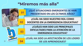 “Miremos más alla”
¿QUÉ SITUACIONES EMERGENTES SE HAN
PRESENTADO EN LOS ÚLTIMOS AÑOS?
¿CUÁLES HAN SIDO LAS PRINCIPALES
DIFICULTADES PARA LA ATENCIÓN DE LA
EMERGENCIA EDUCATIVA?
¿CUÁL HA SIDO LA AFECTACIÓN DE LOS LOGRO
DE LOS APRENDIZAJES?
¿CUÁL HA SIDO NUESTRO ROL COMO
DOCENTES EN LA EMERGENCIA EDUCATIVA?
01
02
03
04
 