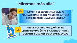 A PARTIR DE EXPERIENCIA VIVIDA:
¿QUÉ ACCIONES DEBEN PREVEERSE ANTE LA
POSIBILIDAD DE UNA EMERGENCIA?
“Miremos más alla”
DESDE NUESTRO ROL ¿CUÁL ES LA
CENTRALIDAD O ÉNFASIS A ATENDER ANTES,
DURANTE Y DESPUÉS DE LA EMERGENCIA?
05
06
 
