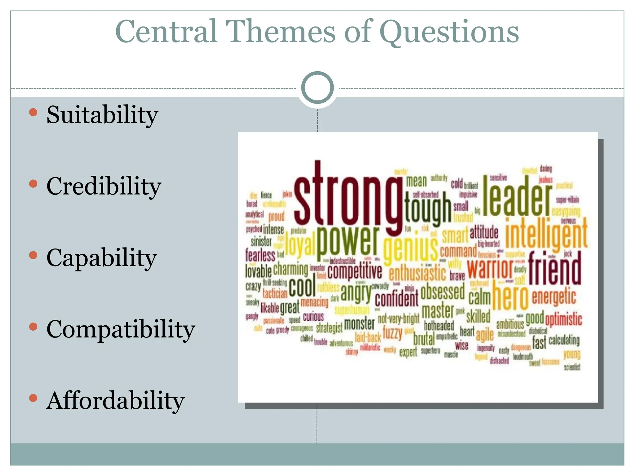 Central Themes of Questions
 Suitability
 Credibility
 Capability
 Compatibility
 Affordability
 