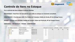 Controle de Itens no Estoque
Pra o controle dos itens existem 4 colunas distintas
EM ESTOQUE = Total físico de mercadorias que estão no estoque no momento consultado.
CONFIRMADO = Previsto para SAIR. Por Ordem de Produção, Pedido de Venda, NF de Entrega Futura.
PEDIDO = Previsto para ENTRAR. Pedido de Compra, Ordem de Produção, NF de Compra Futura.
DISPONÍVEL = EM ESTOQUE + PEDIDO - CONFIRMADO
 
