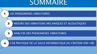 SOMMAIRE
LES PHENOMENES VIBRATOIRES
MESURE DES VIBRATIONS MECANIQUES ET ACOUSTIQUES
ANALYSE DES PHENOMENES VIBRATOIRES
CAS PRATIQUE DE LA SALLE INFORMATIQUE DU CREFSEM (INP-HB)
1
2
3
4
 