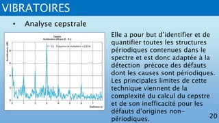VIBRATOIRES
20
• Analyse cepstrale
Elle a pour but d’identifier et de
quantifier toutes les structures
périodiques contenues dans le
spectre et est donc adaptée à la
détection précoce des défauts
dont les causes sont périodiques.
Les principales limites de cette
technique viennent de la
complexité du calcul du cepstre
et de son inefficacité pour les
défauts d’origines non-
périodiques.
 
