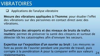 VIBRATOIRES
24
 Applications de l’analyse vibratoire
Mesure des vibrations appliquées à l’homme: pour étudier l’effet
des vibrations sur des personnes en contact direct avec des
vibrations.
Surveillance des aéroports et des niveaux de bruits de trafics
routiers: permet de préserver la santé des citoyens et surtout de
détecter tôt les catastrophes afin d’envoyer les secours.
Expertise sur l’exposition d’un ouvrier au bruit : Les mesures se
font au poste de l’ouvrier pendant une journée de travail, puis
corrigée à la pondération A pour la comparer enfin aux valeurs
réglementaires.
 