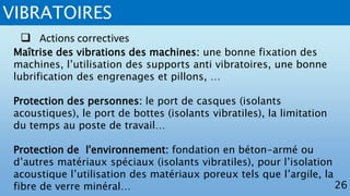 VIBRATOIRES
26
 Actions correctives
Maîtrise des vibrations des machines: une bonne fixation des
machines, l’utilisation des supports anti vibratoires, une bonne
lubrification des engrenages et pillons, …
Protection des personnes: le port de casques (isolants
acoustiques), le port de bottes (isolants vibratiles), la limitation
du temps au poste de travail…
Protection de l'environnement: fondation en béton-armé ou
d’autres matériaux spéciaux (isolants vibratiles), pour l’isolation
acoustique l’utilisation des matériaux poreux tels que l’argile, la
fibre de verre minéral…
 