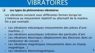 VIBRATOIRES
3
Les vibrations existent sous différentes formes lorsqu’on
s’intéresse au mouvement répétitif ou alternatif de la matière.
On a par exemple :
• Les vibrations mécaniques (mouvements des pièces d’une
machine...)
• Les vibrations acoustiques (vibration des particules d’air)
• Les vibrations électriques (déplacement des électrons dans un
conducteur de courant…)
• Les vibrations magnétiques (mouvements dans un champ
magnétique…)
• Les vibrations électromagnétiques.
 Les types de phénomènes vibratoires
 