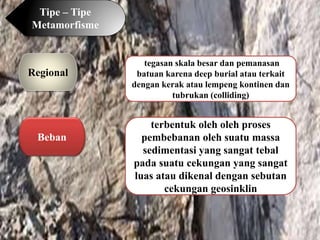 Tipe – Tipe
Metamorfisme
Regional
Beban
tegasan skala besar dan pemanasan
batuan karena deep burial atau terkait
dengan kerak atau lempeng kontinen dan
tubrukan (colliding)
terbentuk oleh oleh proses
pembebanan oleh suatu massa
sedimentasi yang sangat tebal
pada suatu cekungan yang sangat
luas atau dikenal dengan sebutan
cekungan geosinklin
 
