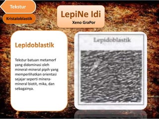 LepiNe Idi
Xeno GraPor
Tekstur batuan metamorf
yang didominasi oleh
mineral-mineral pipih yang
memperlihatkan orientasi
sejajar seperti minera-
mineral biotit, mika, dan
sebagainya.
Kristaloblastik
Tekstur
 