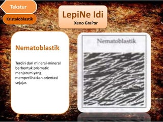 LepiNe Idi
Xeno GraPor
Terdiri dari mineral-mineral
berbentuk prismatic
menjarum yang
memperlihatkan orientasi
sejajar.
Kristaloblastik
Tekstur
 