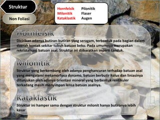 Non Foliasi
Hornfelsik
Milonitik
Kataklastik
Pilonitik
Flaser
Augen
Dicirikan adanya butiran-butiran yang seragam, terbentuk pada bagian dalam
daerah kontak sekitar tubuh batuan beku. Pada umumnya merupakan
rekristalisasi batuan asal. Struktur ini diibaratkan seperti tanduk.
Struktur yang berkembang oleh adanya penghancuran terhadap batuan asal
yang mengalami metamorfosa dynamo, batuan berbutir halus dan liniasinya
ditunjukan oleh adanya orientasi mineral yang berbentuk rentikuler
terkadang masih menyimpan lensa batuan asalnya.
Struktur ini hamper sama dengan struktur milonit hanya butiranya lebih
kasar
Struktur
 