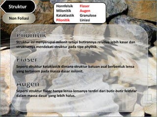 Non Foliasi
Hornfelsik
Milonitik
Kataklastik
Pilonitik
Flaser
Augen
Granulose
Liniasi
Struktur ini menyerupai milonit tetapi butirannya relative lebih kasar dan
strukturnya mendekati struktur pada tipe phylitik.
Seperti struktur kataklastik dimana struktur batuan asal berbentuk lensa
yang tertanam pada massa dasar milonit.
Seperti struktur flaser hanya lensa-lensanya terdiri dari butir-butir feldsfar
dalam massa dasar yang lebih halus.
Struktur
 