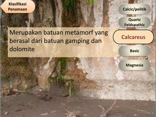 Merupakan batuan metamorf yang
berasal dari batuan gamping dan
dolomite
Calcareus
Quartz
Feldspathic
Calcic/pelitik
Basic
Magnesia
Klasifikasi
Penamaan
 