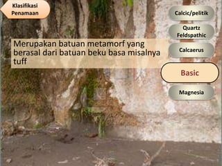 Merupakan batuan metamorf yang
berasal dari batuan beku basa misalnya
tuff
Basic
Quartz
Feldspathic
Calcic/pelitik
Calcaerus
Magnesia
Klasifikasi
Penamaan
 