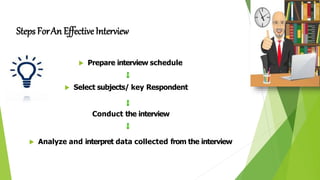  Prepare interview schedule
 Select subjects/ key Respondent
Conduct the interview
 Analyze and interpret data collected from the interview
Steps ForAn EffectiveInterview
 