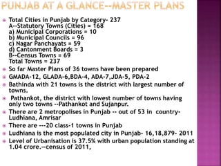 Total Cities in Punjab by Category– 237
A--Statutory Towns (Cities) = 168
a) Municipal Corporations = 10
b) Municipal Councils = 96
c) Nagar Panchayats = 59
d) Cantonment Boards = 3
B--Census Towns = 69
Total Towns = 237
 So far Master Plans of 36 towns have been prepared
 GMADA-12, GLADA-6,BDA-4, ADA-7,JDA-5, PDA-2
 Bathinda with 21 towns is the district with largest number of
towns.
 Pathankot, the district with lowest number of towns having
only two towns --Pathankot and Sujanpur.
 There are 2 metropolises in Punjab -- out of 53 in country-
Ludhiana, Amrisar
 There are ---20 class-1 towns in Punjab
 Ludhiana is the most populated city in Punjab- 16,18,879- 2011
 Level of Urbanisation is 37.5% with urban population standing at
1.04 crore.—census of 2011,
 