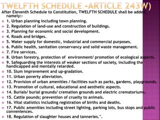After Eleventh Schedule to Constitution, TWELFTH SCHEDULE shall be added,
namely:-
 1. Urban planning including town planning.
 2. Regulation of land-use and construction of buildings.
 3. Planning for economic and social development.
 4. Roads and bridges.
 5. Water supply for domestic, industrial and commercial purposes.
 6. Public health, sanitation conservancy and solid waste management.
 7. Fire services.
 8. Urban forestry, protection of environment/ promotion of ecological aspects.
 9. Safeguarding the interests of weaker sections of society, including the
handicapped and mentally retarded.
 10. Slum improvement and up-gradation.
 11. Urban poverty alleviation.
 12. Provision of urban amenities / facilities such as parks, gardens, playgrounds.
 13. Promotion of cultural, educational and aesthetic aspects.
 14. Burials/ burial grounds/ cremation grounds and electric crematoriums.
 15. Cattle pounds; prevention of cruelty to animals.
 16. Vital statistics including registration of births and deaths.
 17. Public amenities including street lighting, parking lots, bus stops and public
conveniences.
 18. Regulation of slaughter houses and tanneries.''.
 
