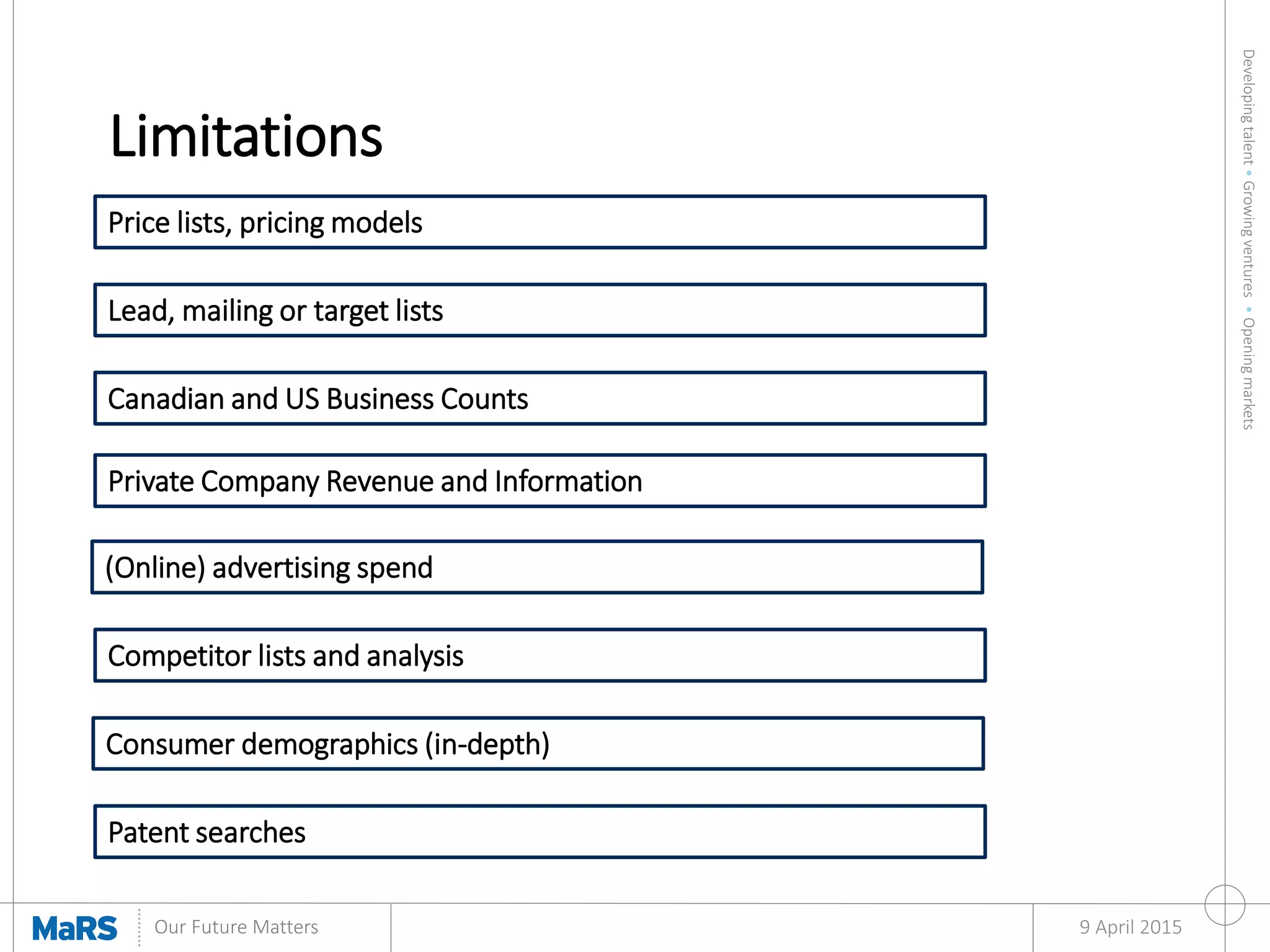 Developingtalent•Growingventures•Openingmarkets
Our Future Matters
Limitations
9 April 2015
Price lists, pricing models
Lead, mailing or target lists
Canadian and US Business Counts
Private Company Revenue and Information
Competitor lists and analysis
Consumer demographics (in-depth)
(Online) advertising spend
Patent searches
 