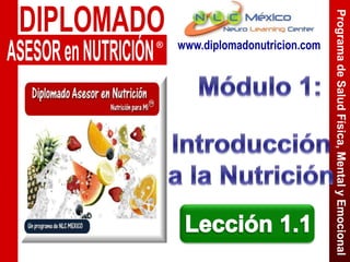 DIPLOMADO ASESOR en NUTRICIÓN ® www.diplomadonutricion.com Módulo 1: Introducción a la Nutrición Programa de Salud Física, Mental y Emocional Lección 1.1 