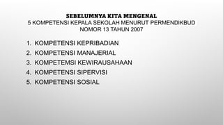 1. KOMPETENSI KEPRIBADIAN
2. KOMPETENSI MANAJERIAL
3. KOMPETEMSI KEWIRAUSAHAAN
4. KOMPETENSI SIPERVISI
5. KOMPETENSI SOSIAL
 