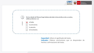 Capacidad: Infiere el significado del texto.
Indicador: Elabora conclusiones que se desprenden de
hechos o afirmaciones del texto.
x
x
 