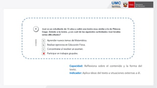 Capacidad: Reflexiona sobre el contenido y la forma del
texto.
Indicador: Aplica ideas del texto a situaciones externas a él.
xx
 