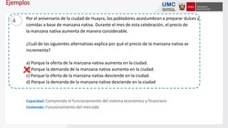 Por el aniversario de la ciudad de Huayra, los pobladores acostumbran a preparar dulces y
comidas a base de manzana nativa. Durante el mes de esta celebración, el precio de
la manzana nativa aumenta de manera considerable.
¿Cuál de las siguientes alternativas explica por qué el precio de la manzana nativa se
incrementa?
a) Porque la oferta de la manzana nativa aumenta en la ciudad.
b) Porque la demanda de la manzana nativa aumenta en la ciudad.
c) Porque la oferta de la manzana nativa desciende en la ciudad.
d) Porque la demanda de la manzana nativa desciende en la ciudad
Capacidad: Comprende el funcionamiento del sistema económico y financiero
Contenido: Funcionamiento del mercado
Ejemplos
4

 