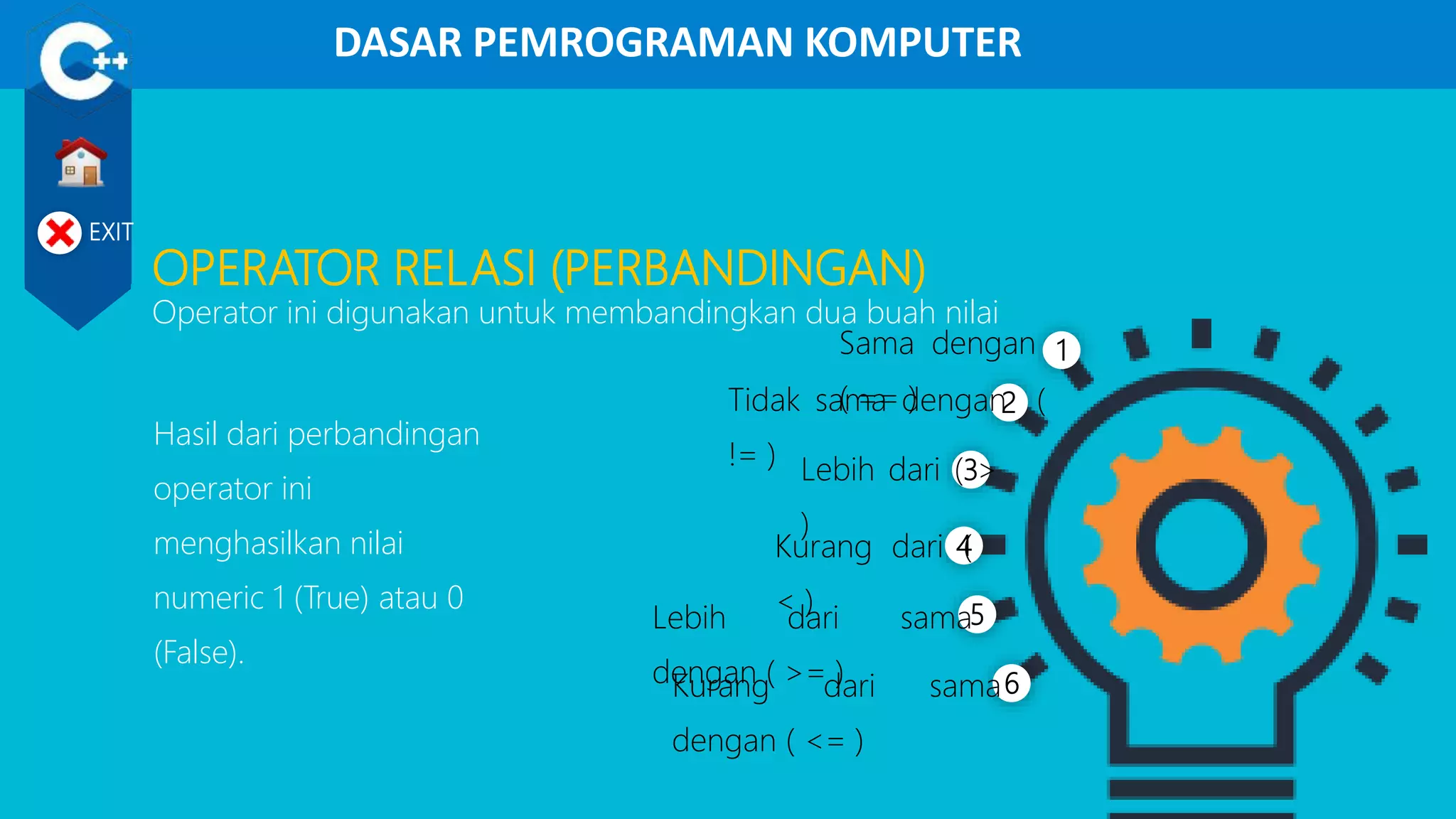 DASAR PEMROGRAMAN KOMPUTER
EXIT
OPERATOR RELASI (PERBANDINGAN)
Operator ini digunakan untuk membandingkan dua buah nilai
Sama dengan
( == ) 2
3
4
5
6
1
Lebih dari ( >
)
Kurang dari (
< )
Lebih dari sama
dengan ( >= )Kurang dari sama
dengan ( <= )
Tidak sama dengan (
!= )
Hasil dari perbandingan
operator ini
menghasilkan nilai
numeric 1 (True) atau 0
(False).
 