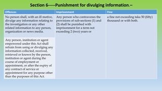 Section 6-----Punishment for divulging information.–
Offences Imprisonment Fine
No person shall, with an ill motive,
divulge any information relating to
the investigation or any other
related information to any person,
organization or news media.
Any person who contravenes the
provisions of sub-sections (1) and
(2) shall be punished with
imprisonment for a term not
exceeding 2 (two) years or
a fine not exceeding taka 50 (fifty)
thousand or with both.
Any person, institution or agent
empowered under this Act shall
refrain from using or divulging any
information collected, received,
retrieved or known by the person,
institution or agent during the
course of employment or
appointment, or after the expiry of
any contract of service or
appointment for any purpose other
than the purposes of this Act.
 