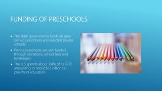 FUNDING OF PRESCHOOLS
 The state governments funds all state-
owned preschools and selected private
schools.
 Private preschools are self-funded
through donations, school fees and
fundraisers.
 The U.S spends about .04% of its GDP,
amounting to about $63 billion on
preschool education.
 