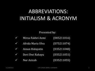 ABBREVIATIONS:
INITIALISM & ACRONYM
Presented by:


(D05211016)



Afrida Maria Ulva

(D75211074)



Ainun Hidayatin

(D35211048)



Devi Dwi Rahayu

(D35211051)


11/19/2013

Mirza Fakhri Azmi

Nur Azizah

(D35211055)
UIN SUNAN AMPEL SURABAYA

1

 
