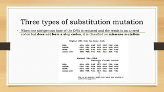 Three types of substitution mutation
• When one nitrogenous base of the DNA is replaced and the result is an altered
codon but does not form a stop codon, it is classified as missense mutation.
 
