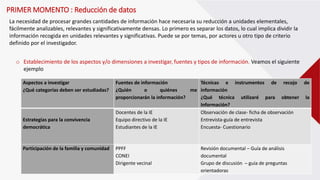 PRIMER MOMENTO : Reducción de datos
La necesidad de procesar grandes cantidades de información hace necesaria su reducción a unidades elementales,
fácilmente analizables, relevantes y significativamente densas. Lo primero es separar los datos, lo cual implica dividir la
información recogida en unidades relevantes y significativas. Puede se por temas, por actores u otro tipo de criterio
definido por el investigador.
o Establecimiento de los aspectos y/o dimensiones a investigar, fuentes y tipos de información. Veamos el siguiente
ejemplo
Aspectos a investigar
¿Qué categorías deben ser estudiadas?
Fuentes de información
¿Quién o quiénes me
proporcionarán la información?
Técnicas e instrumentos de recojo de
información
¿Qué técnica utilizaré para obtener la
Información?
Estrategias para la convivencia
democrática
Docentes de la IE
Equipo directivo de la IE
Estudiantes de la IE
Observación de clase- ficha de observación
Entrevista-guía de entrevista
Encuesta- Cuestionario
Participación de la familia y comunidad PPFF
CONEI
Dirigente vecinal
Revisión documental – Guía de análisis
documental
Grupo de discusión – guía de preguntas
orientadoras
 
