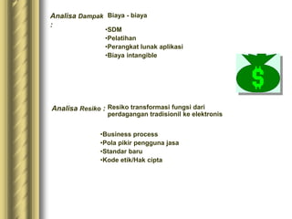 Analisa Dampak
:
Biaya - biaya
•SDM
•Pelatihan
•Perangkat lunak aplikasi
•Biaya intangible
Analisa Resiko : Resiko transformasi fungsi dari
perdagangan tradisionil ke elektronis
•Business process
•Pola pikir pengguna jasa
•Standar baru
•Kode etik/Hak cipta
 