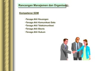 Kompetensi SDM
•Tenaga Ahli Keuangan
•Tenaga Ahli Komunikasi Data
•Tenaga Ahli Telekomunikasi
•Tenaga Ahli Bisnis
•Tenaga Ahli Hukum
Rancangan Manajemen dan Organisasi:
 
