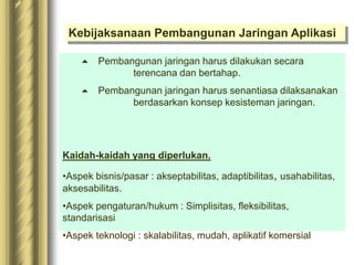 Kebijaksanaan Pembangunan Jaringan Aplikasi
 Pembangunan jaringan harus dilakukan secara
terencana dan bertahap.
 Pembangunan jaringan harus senantiasa dilaksanakan
berdasarkan konsep kesisteman jaringan.
Kaidah-kaidah yang diperlukan.
•Aspek bisnis/pasar : akseptabilitas, adaptibilitas, usahabilitas,
aksesabilitas.
•Aspek pengaturan/hukum : Simplisitas, fleksibilitas,
standarisasi
•Aspek teknologi : skalabilitas, mudah, aplikatif komersial
 