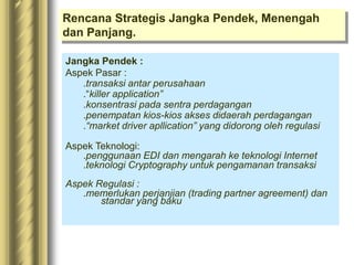 Rencana Strategis Jangka Pendek, Menengah
dan Panjang.
Jangka Pendek :
Aspek Pasar :
.transaksi antar perusahaan
.“killer application”
.konsentrasi pada sentra perdagangan
.penempatan kios-kios akses didaerah perdagangan
.“market driver apllication” yang didorong oleh regulasi
Aspek Teknologi:
.penggunaan EDI dan mengarah ke teknologi Internet
.teknologi Cryptography untuk pengamanan transaksi
Aspek Regulasi :
.memerlukan perjanjian (trading partner agreement) dan
standar yang baku
 