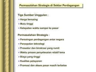 Permasalahan Strategis di Sektor Perdagangan
Permasalahan Strategis :
Persaingan perdagangan antar negara
Percepatan teknologi
Prosedur dan birokrasi yang rumit
Waktu proses penyelesaian relatif lama
Biaya yang tinggi
Kualitas pelayanan
Promosi dan akses pasar masih terbatas
Tiga Sumber Unggulan :
Harga bersaing
Mutu tinggi
Ketepatan waktu sampai ke pasar
 