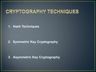 1. Hash Techniques



2. Symmetric Key Cryptography



3. Asymmetric Key Cryptography
 