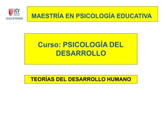 MAESTRÍA EN PSICOLOGÍA EDUCATIVA
Curso: PSICOLOGÍA DEL
DESARROLLO
TEORÍAS DEL DESARROLLO HUMANO
 