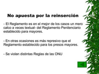 No apuesta por la reinserción -  El Reglamento es en el mejor de los casos un mero calco a veces textual- del Reglamento Penitenciario establecido para mayores . - En otras ocasiones es más represivo que el Reglamento establecido para los presos mayores. - Se violan distintas Reglas de las ONU  