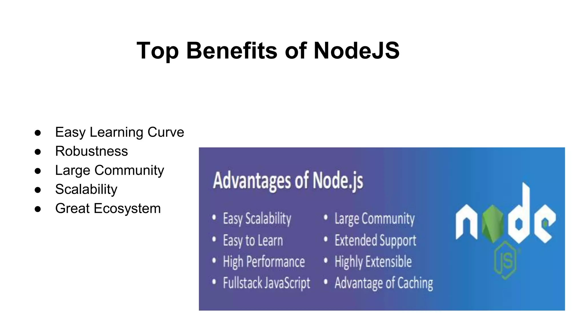 Top Benefits of NodeJS
● Easy Learning Curve
● Robustness
● Large Community
● Scalability
● Great Ecosystem
 